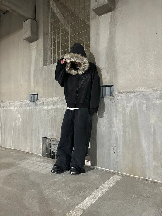 Women's Y2K Faux Fur Collar Pullover Hoodie – Gothic Graphic Sweatshirt