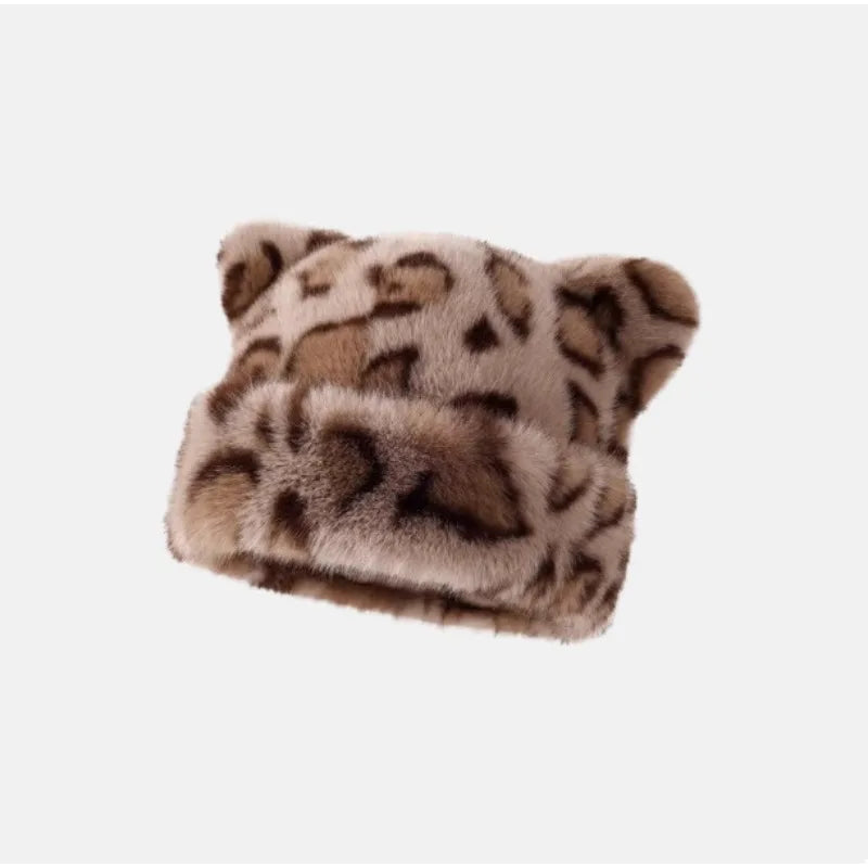 Women's Plush Teddy Bear Beanie – Cute Animal Print Knit Hat | Warm & Cozy