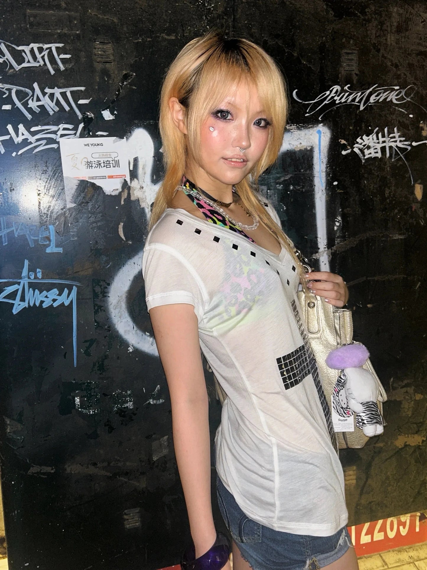 Women's Japanese Y2K Metal Cross Print T-Shirt | Harajuku Sheer Short Sleeve Streetwear Grunge Top