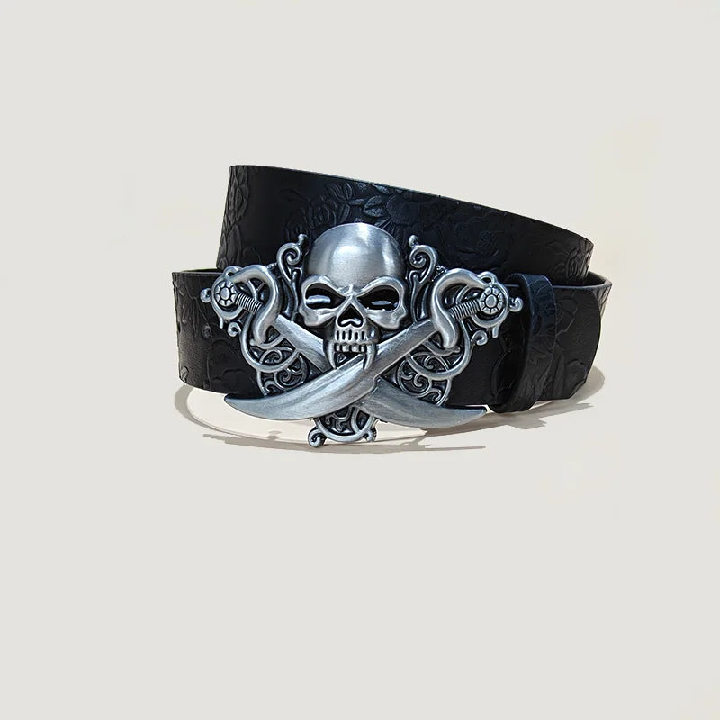 Men's Gothic Punk Skull Embossed Leather Belt Skeleton Reaper and Snake Designs