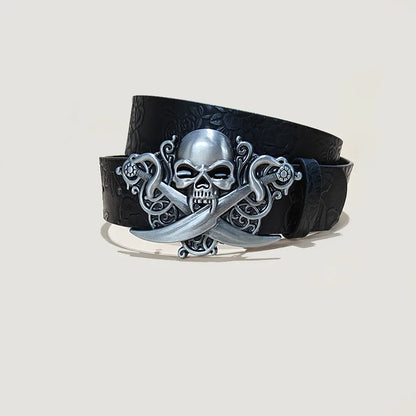 Men's Gothic Punk Skull Embossed Leather Belt Skeleton Reaper and Snake Designs