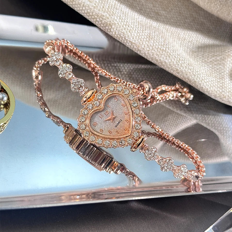 Women's Heart-Shaped Ribbon Strap Diamond Watch | Adjustable Bracelet Fashion Wristwatch
