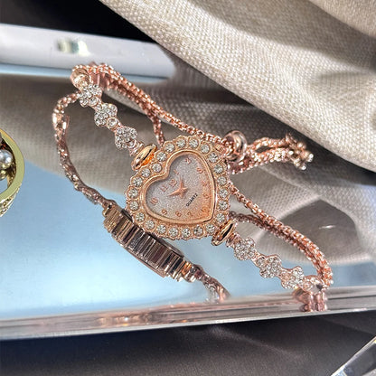 Women's Heart-Shaped Ribbon Strap Diamond Watch | Adjustable Bracelet Fashion Wristwatch