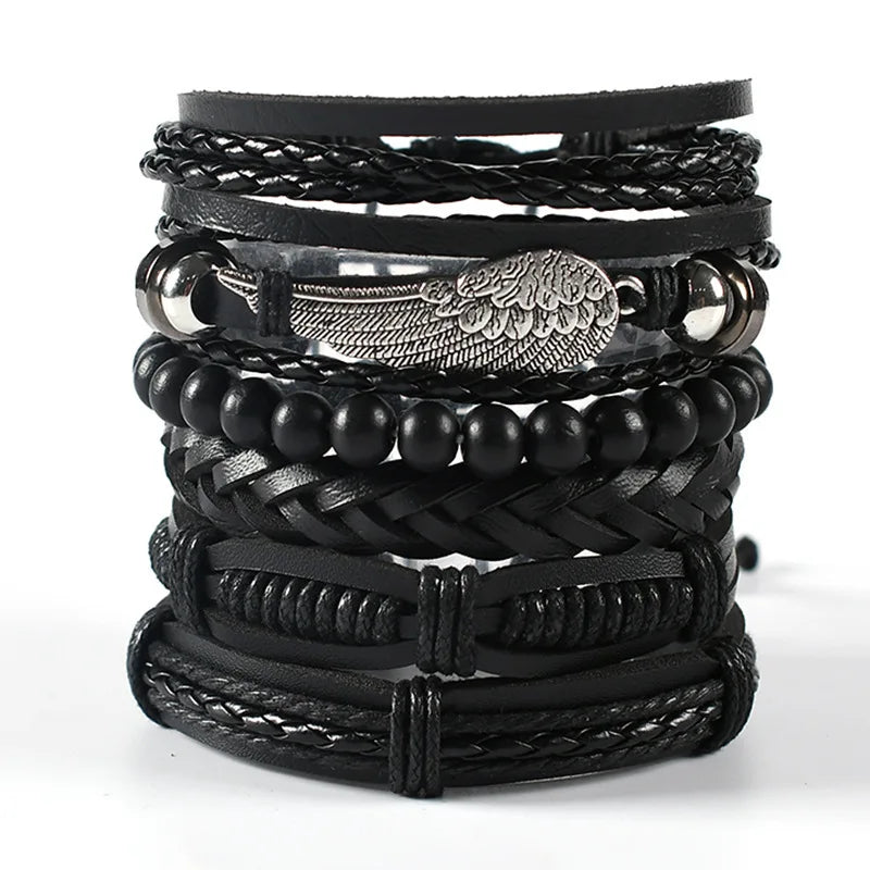 Men's Viking Leather Bracelet Woven Skull Adjustable Cuff