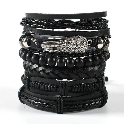 Men's Viking Leather Bracelet Woven Skull Adjustable Cuff