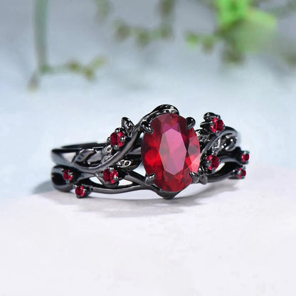 Charm Couple Rings Set | Women's Red Rhinestone Ring & Men's Stainless Steel Celtic Dragon Wedding Band