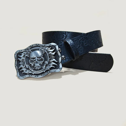 Men's Gothic Punk Skull Embossed Leather Belt Skeleton Reaper and Snake Designs
