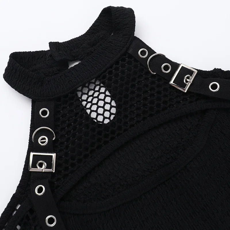 Women's Goth Dark Punk Fishnet Patchwork Off-Shoulder T-Shirt | Halter Crop Top Mall Gothic Streetwear