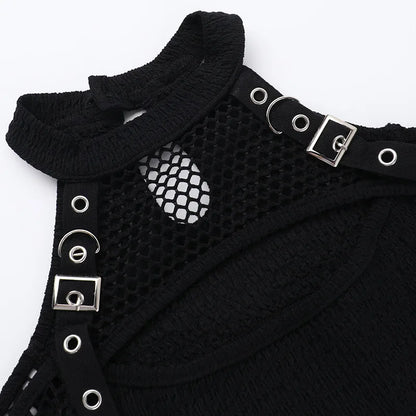 Women's Goth Dark Punk Fishnet Patchwork Off-Shoulder T-Shirt | Halter Crop Top Mall Gothic Streetwear