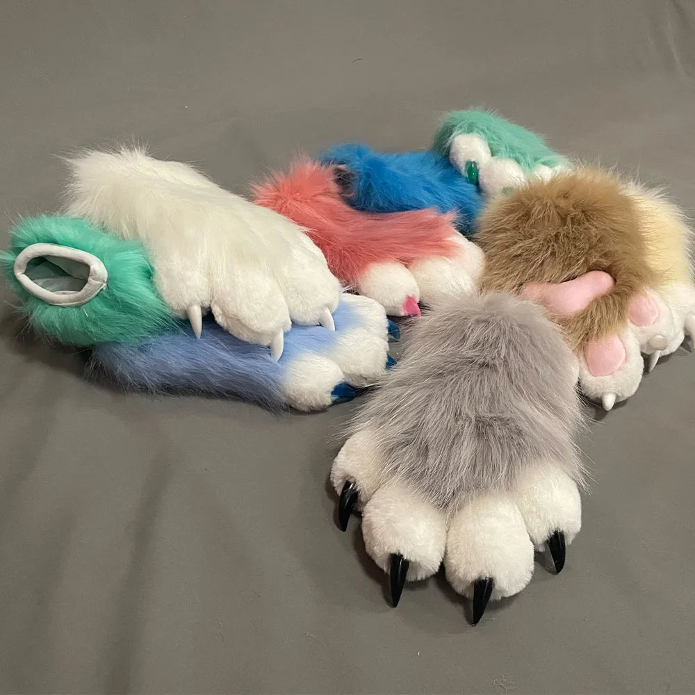 Fursuit Paw Gloves Faux Fur Animal Claw Mittens for Cosplay and Halloween
