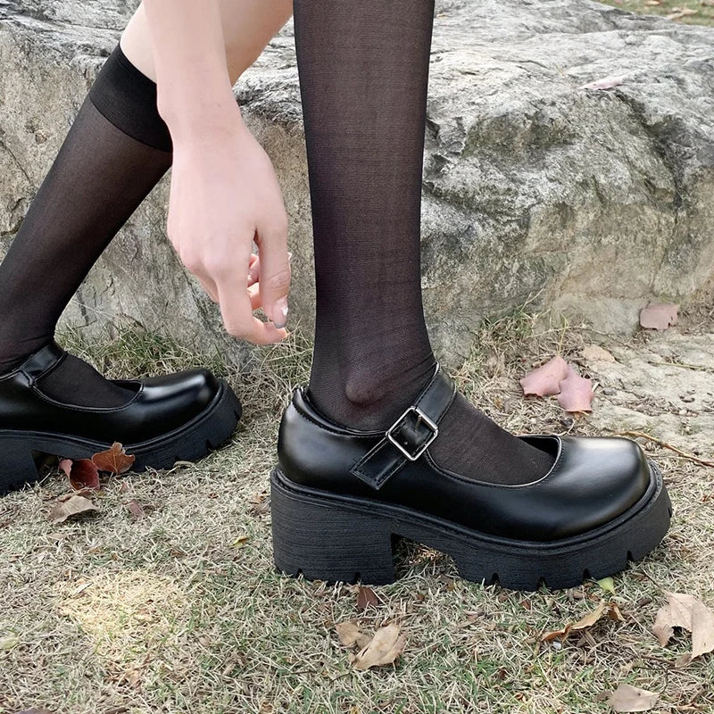 Women's Patent Leather Platform Mary Jane Pumps with Ankle Buckle