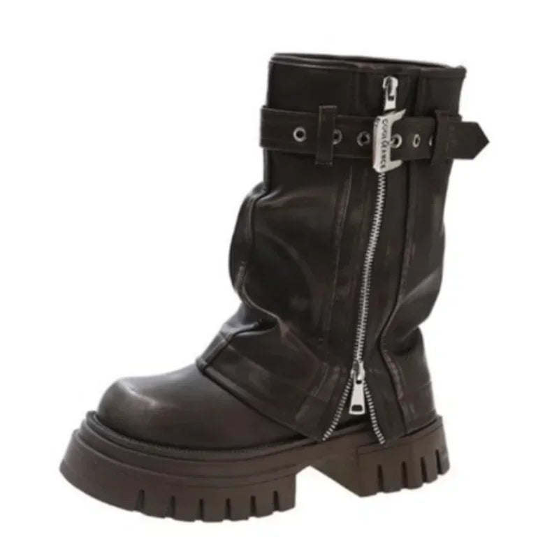 LEDP Women's Platform Biker Boots – Belt Buckle Mid-Calf Zip-Up Winter Boots