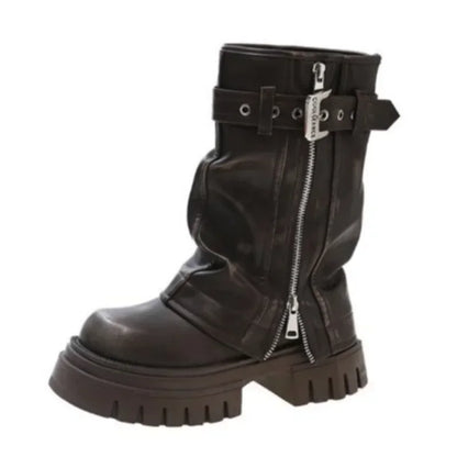 LEDP Women's Platform Biker Boots – Belt Buckle Mid-Calf Zip-Up Winter Boots