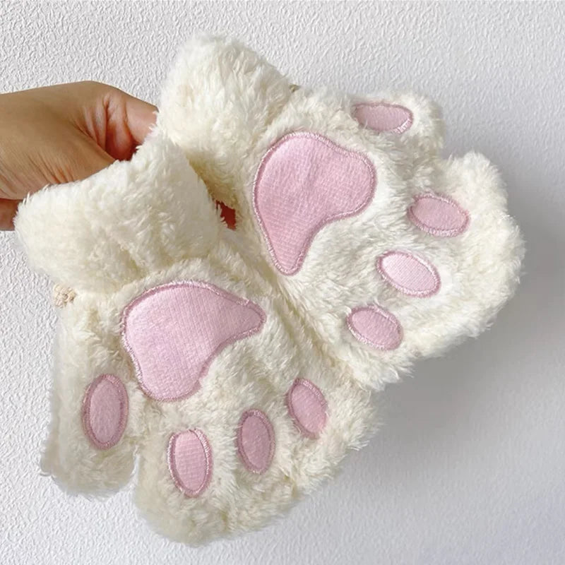 Cat Paw Plush Mittens – Cute Fingerless Fluffy Gloves for Women