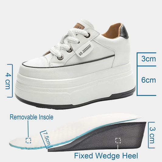 Fujin Women's Platform Sneakers – 9cm Genuine Leather High Heel Casual Shoes