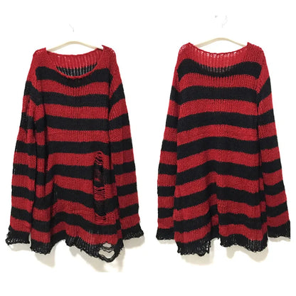 Women's Punk Gothic Hollow Out Sweater | Unisex Striped Loose Rock Dark Streetwear Top