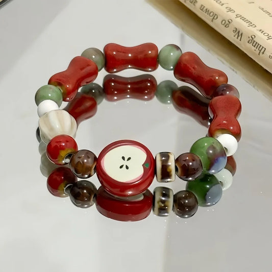 Women's Retro Apple Ceramic Bead Bracelet | Cute Color Mixed Star Fashion Jewelry
