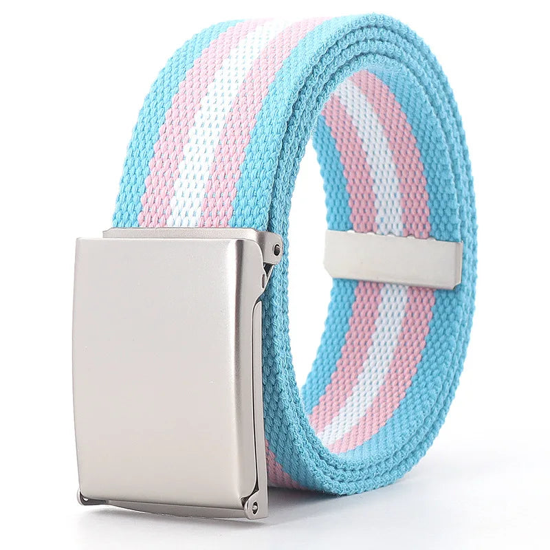 Colorful Striped Canvas Belt – Unisex Military Buckle Waistband (3.8cm x 120cm)