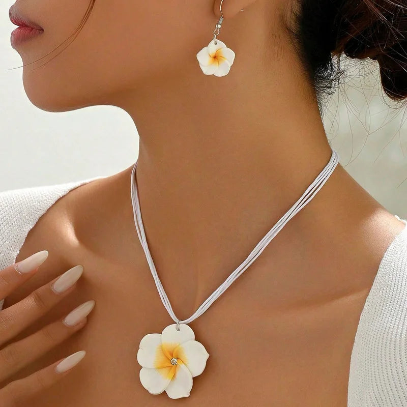 Bohemian Flower Braided Jewelry Set For Women Necklace Earrings Pink Red Blue