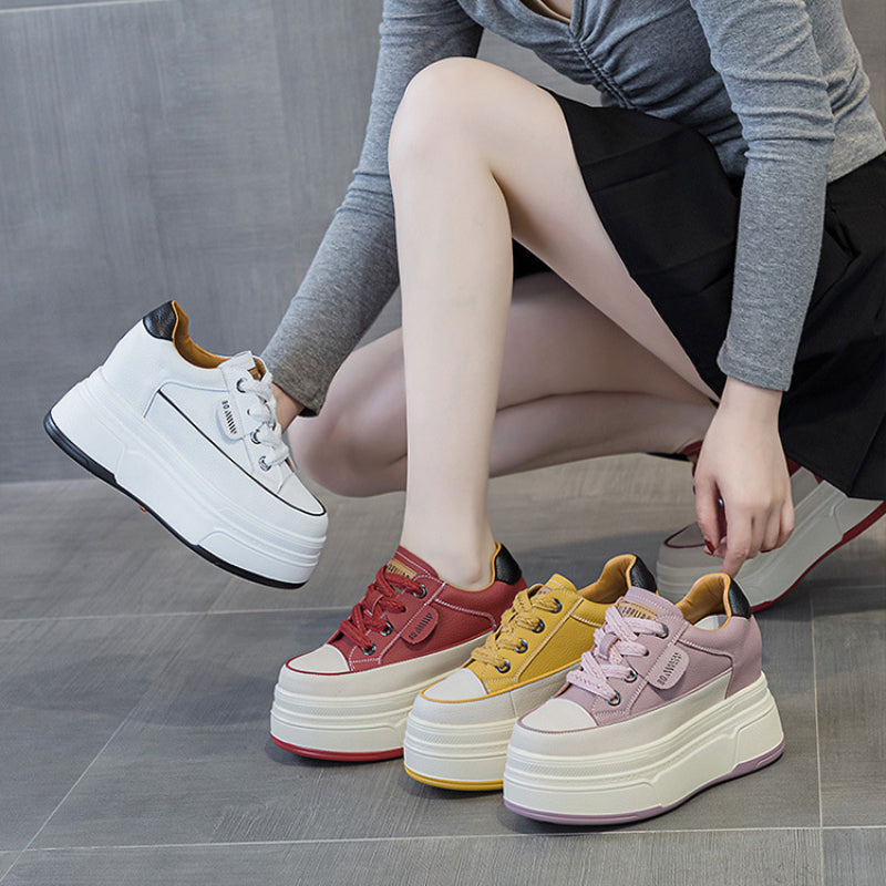 Fujin Women's Platform Sneakers – 9cm Genuine Leather High Heel Casual Shoes