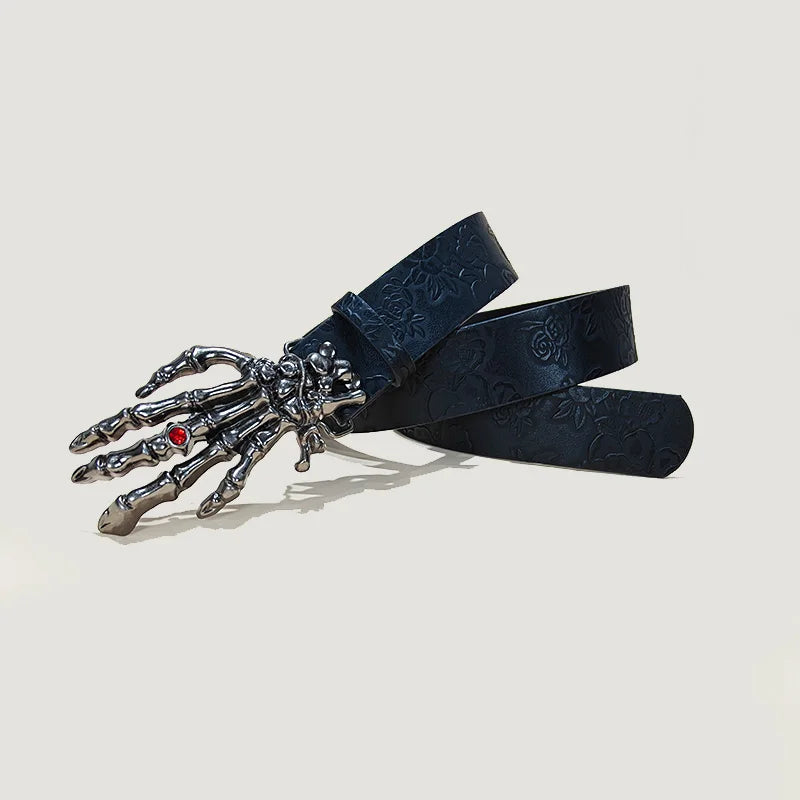 Men's Gothic Punk Skull Embossed Leather Belt Skeleton Reaper and Snake Designs