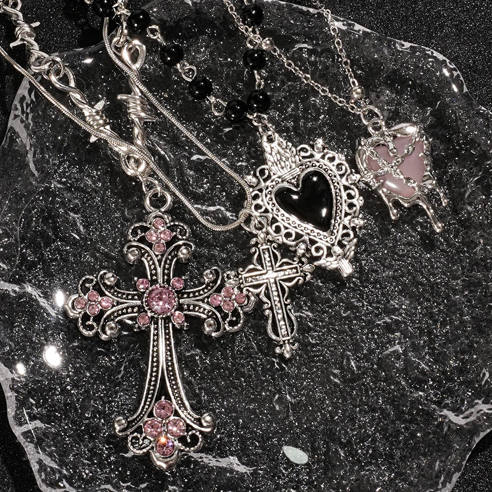 Y2K Rhinestone Heart and Cross Pendant Necklace for Women
