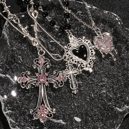 Y2K Rhinestone Heart and Cross Pendant Necklace for Women