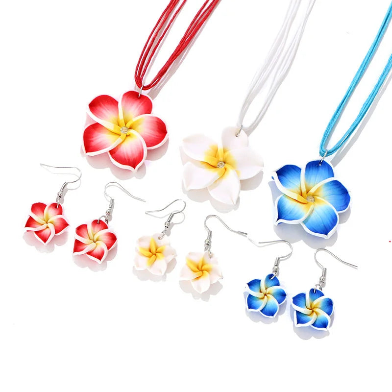 Bohemian Flower Braided Jewelry Set For Women Necklace Earrings Pink Red Blue