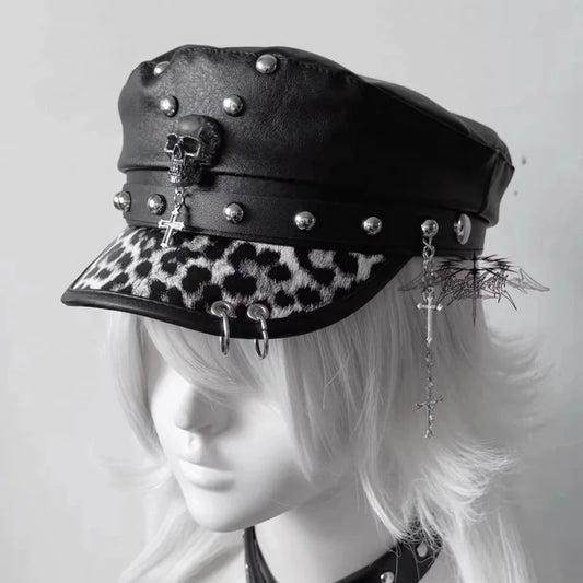 Women's Punk PU Leather Beret | Vintage Flat Top Military Cap for Outdoor & Casual Wear