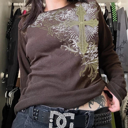 Women's Y2K Grunge Skull Graphic Thermal T-Shirt | 90s Vintage Aesthetic Long Sleeve Pullover Top