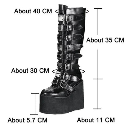 Women's Gothic Platform Wedge Mid-Calf Boots – Buckle Strap PU Leather | EU 35–43, 3 Colors