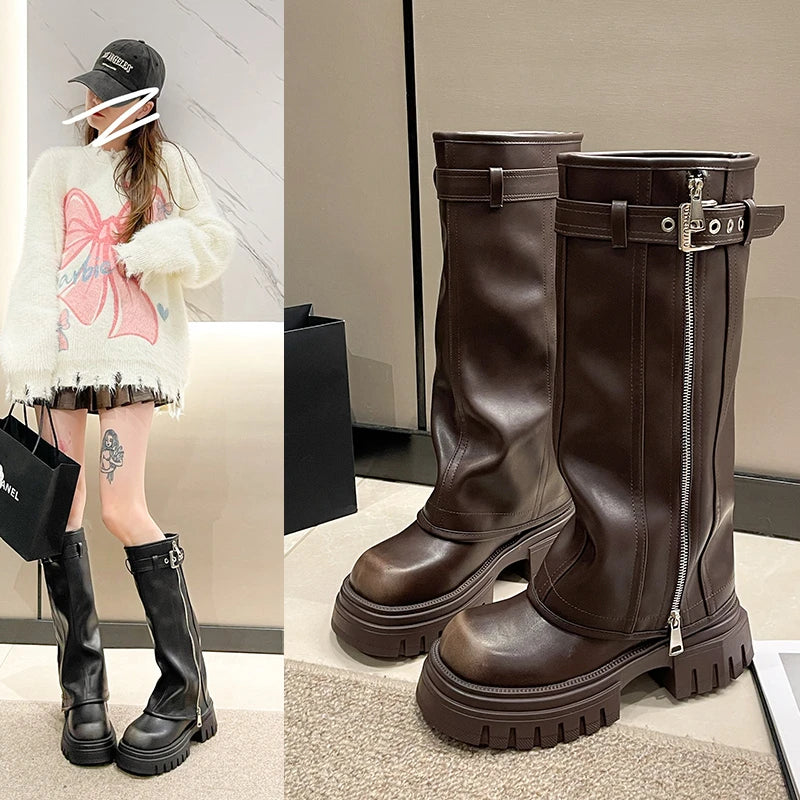 LEDP Women's Platform Biker Boots – Belt Buckle Mid-Calf Zip-Up Winter Boots