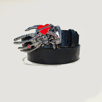 Men's Gothic Punk Skull Embossed Leather Belt Skeleton Reaper and Snake Designs