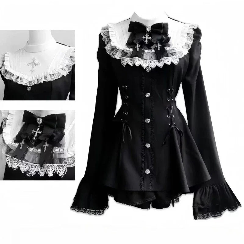 Gothic Lolita Bow Dress and Shorts Set with Sailor Collar