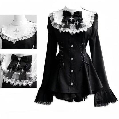 Gothic Lolita Bow Dress and Shorts Set with Sailor Collar