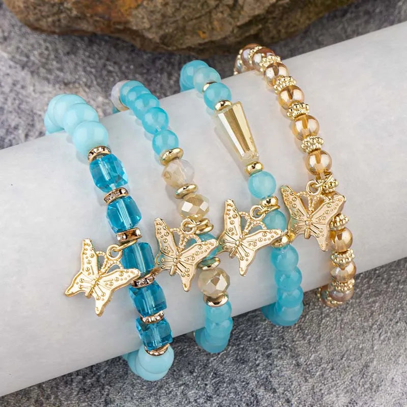 Butterfly Beaded Bracelet Set (4 Pcs)