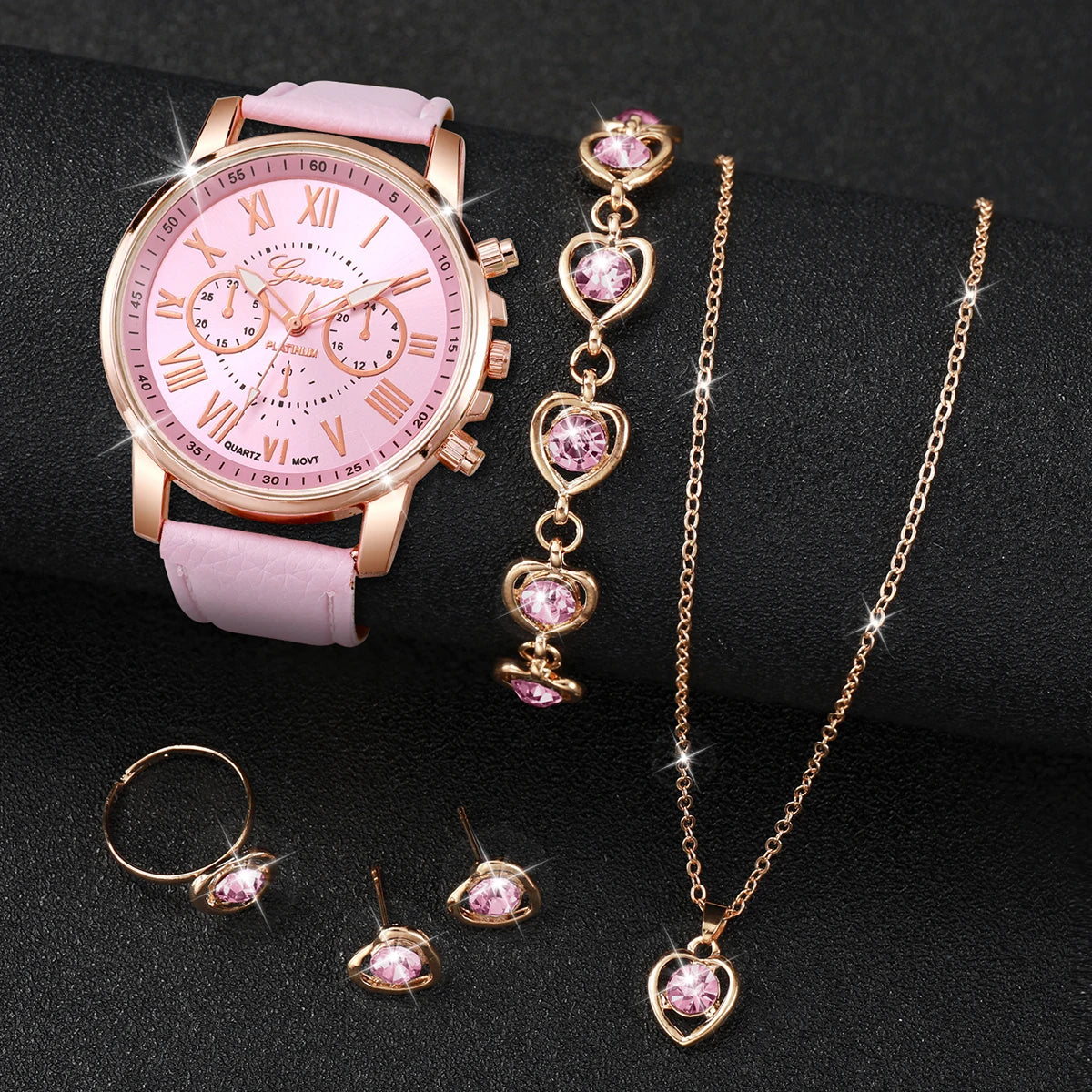 Women's Fashion Quartz Watch & Jewelry Set | 5/6pcs Heart Rhinestone Leather Band Wristwatch