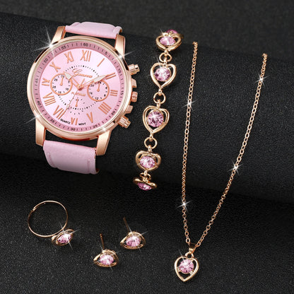 Women's Fashion Quartz Watch & Jewelry Set | 5/6pcs Heart Rhinestone Leather Band Wristwatch