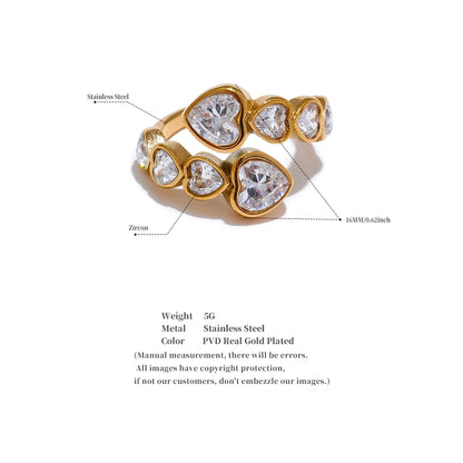 Cubic Zirconia Heart Open Ring in 18K Gold Plated Stainless Steel