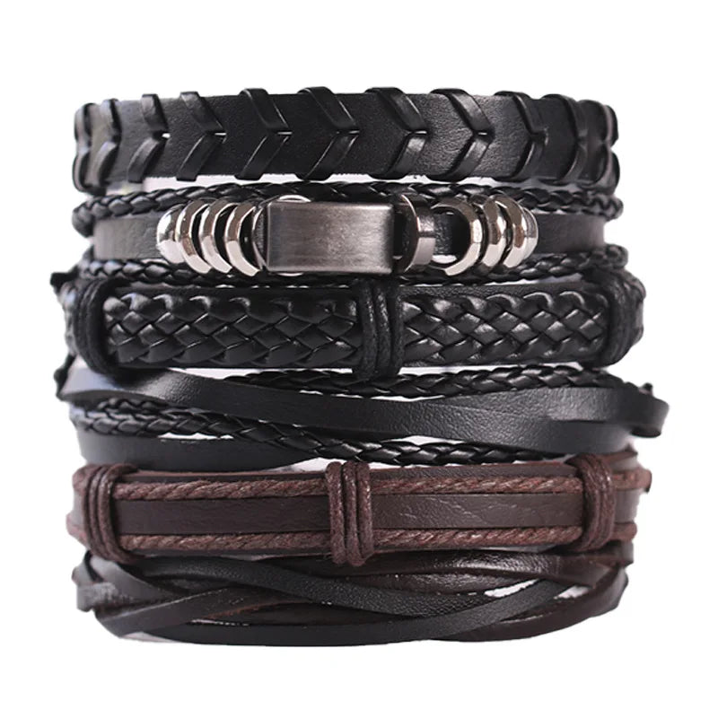Men's Viking Leather Bracelet Woven Skull Adjustable Cuff