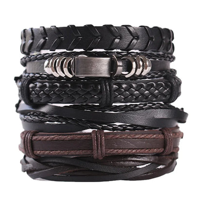 Men's Viking Leather Bracelet Woven Skull Adjustable Cuff