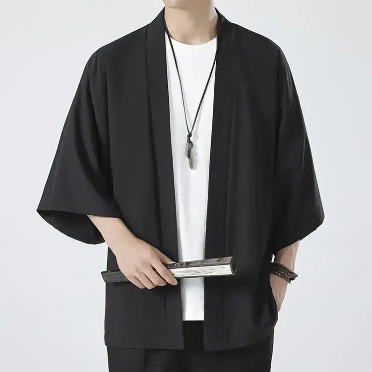 Men's Japanese Kimono Cardigan Shirt – Open Stitch Yukata, 3/4 Sleeve | XS–XXXL