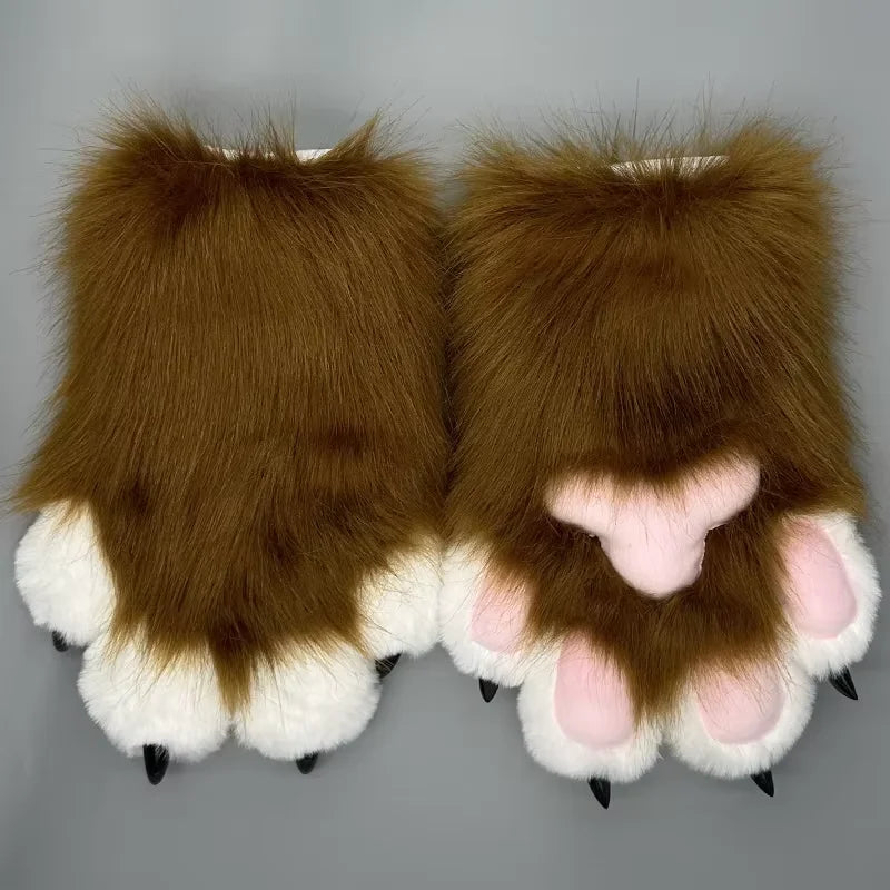 Fursuit Paw Gloves Faux Fur Animal Claw Mittens for Cosplay and Halloween