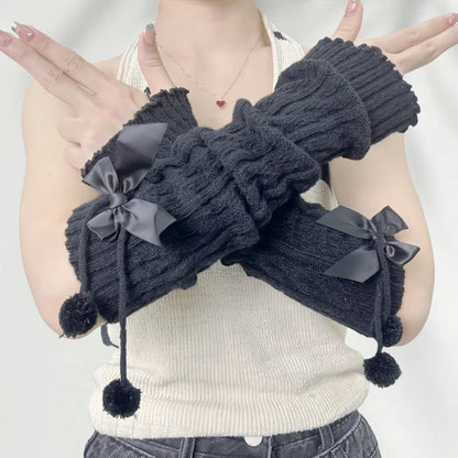 Girls' Red Knitted Arm Sleeves | Warm Sweet Fingerless Gloves for Christmas & New Year Gift