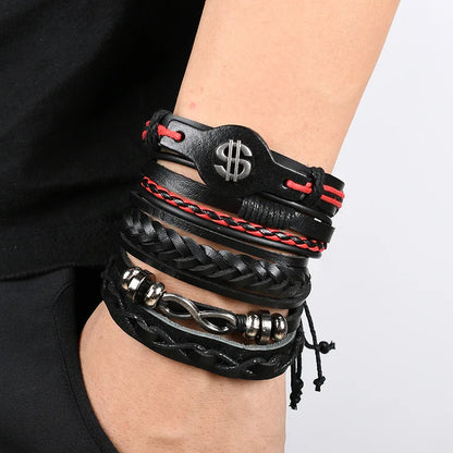 Men's Viking Leather Bracelet Woven Skull Adjustable Cuff