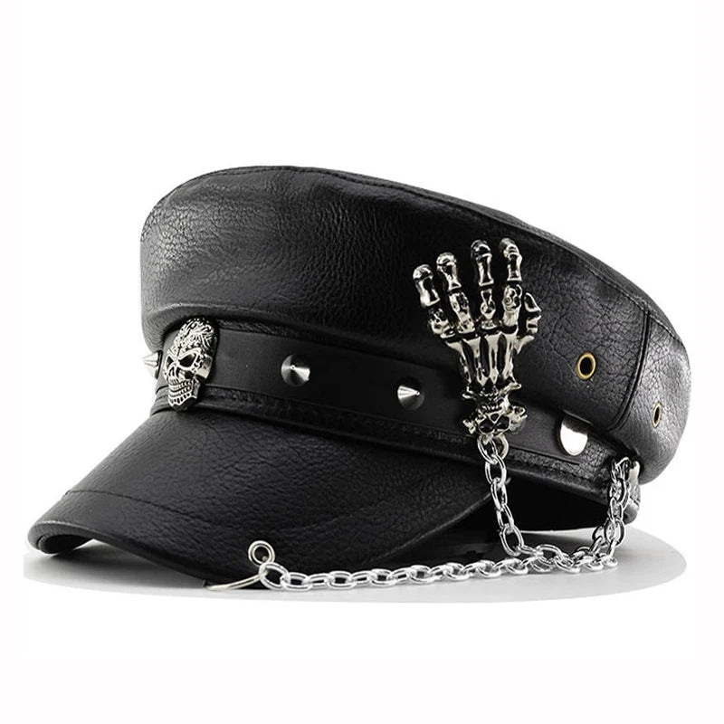 Women's Punk PU Leather Beret | Vintage Flat Top Military Cap for Outdoor & Casual Wear
