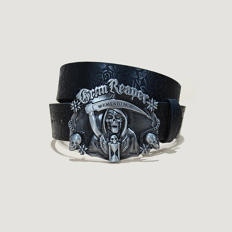 Men's Gothic Punk Skull Embossed Leather Belt Skeleton Reaper and Snake Designs
