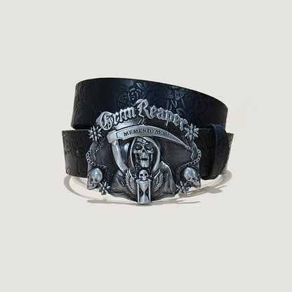 Men's Gothic Punk Skull Embossed Leather Belt Skeleton Reaper and Snake Designs