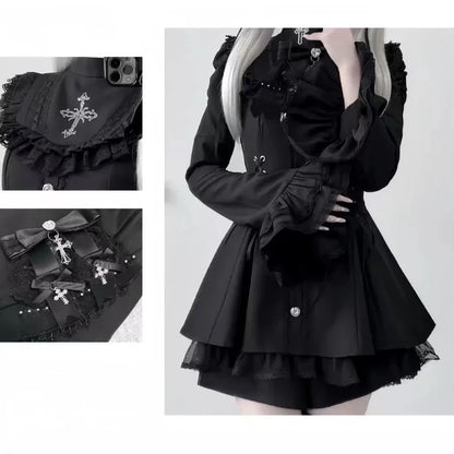 Gothic Lolita Bow Dress and Shorts Set with Sailor Collar