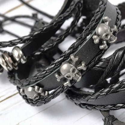 Punk Skull & Star Bracelet Set | 6pcs Unisex Alloy & PU Leather Chain Bracelets